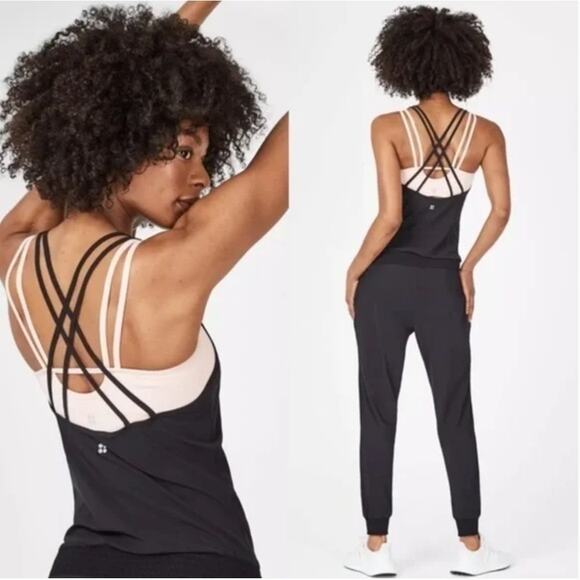 Sweaty Betty Pants - SWEATY BETTY Explorer Beautify Jumpsuit Women's M Strappy Black Yoga Workout